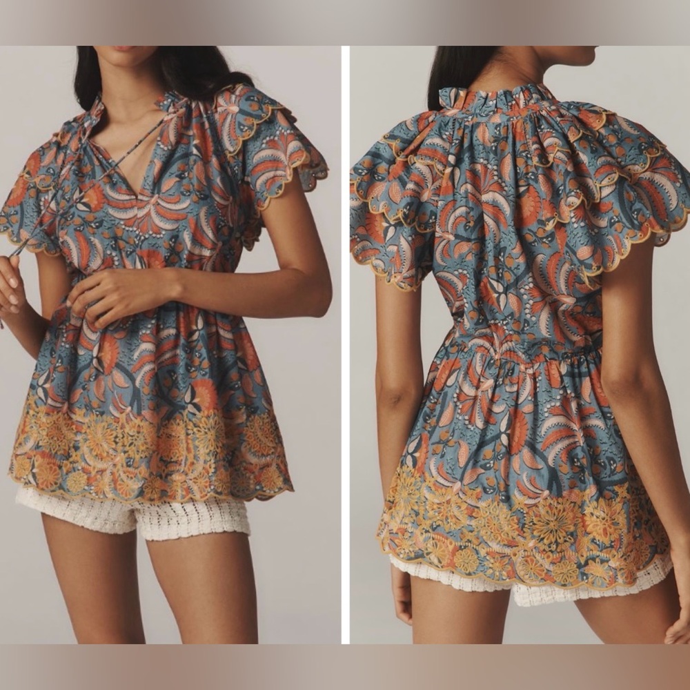 Farm Rio Richelieu Embroidered Flutter-Sleeve Ruffle Tunic Blouse, Size XS